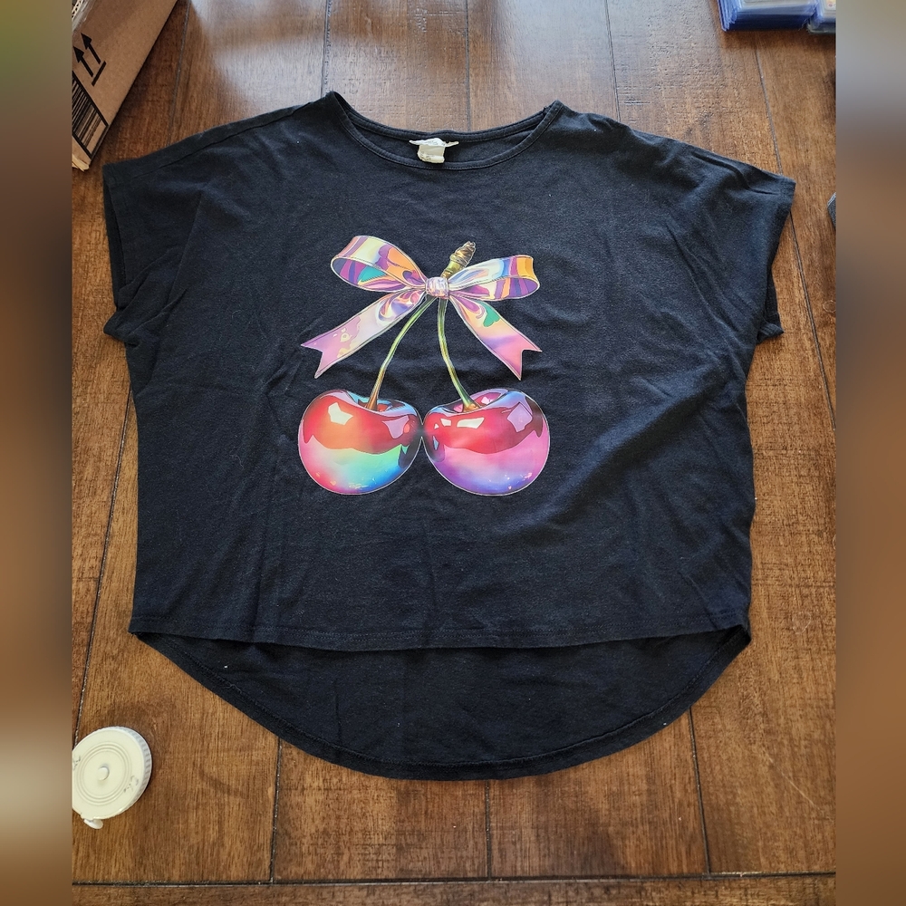 Girls Black Loose Fit Kawaii Cherry Graphic Top